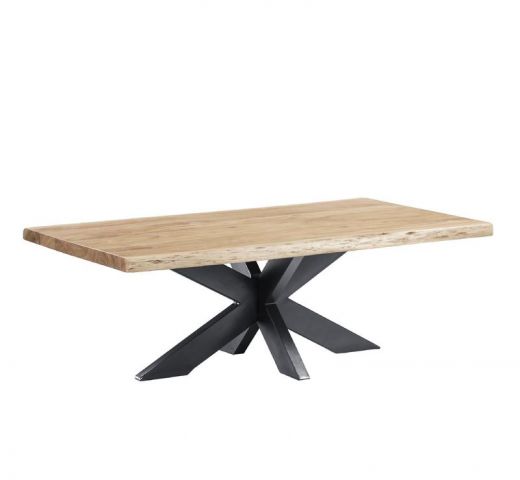 Rechthoekige houten salontafel met natuurlijke rand en zwart kruisvormig onderstel