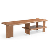 Tv-meubel Lina van hout, lang blad met open plank en twee massieve zijsteunen