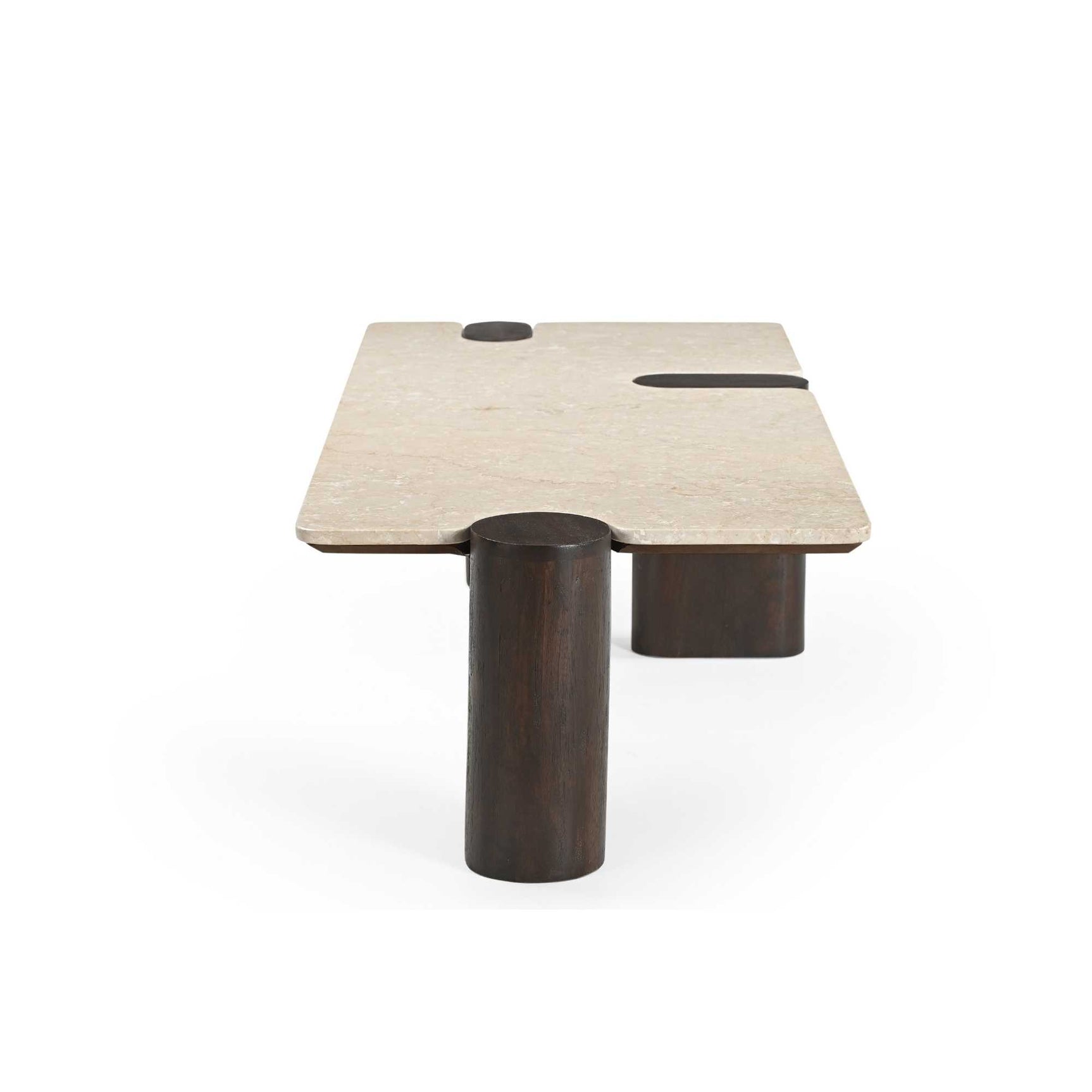 Salontafel Maeve met lichtbeige blad en centrale, ronde poot van donker hout