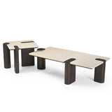 Salontafel Maeve met lichtbeige blad en meerdere ronde, donkerhouten poten