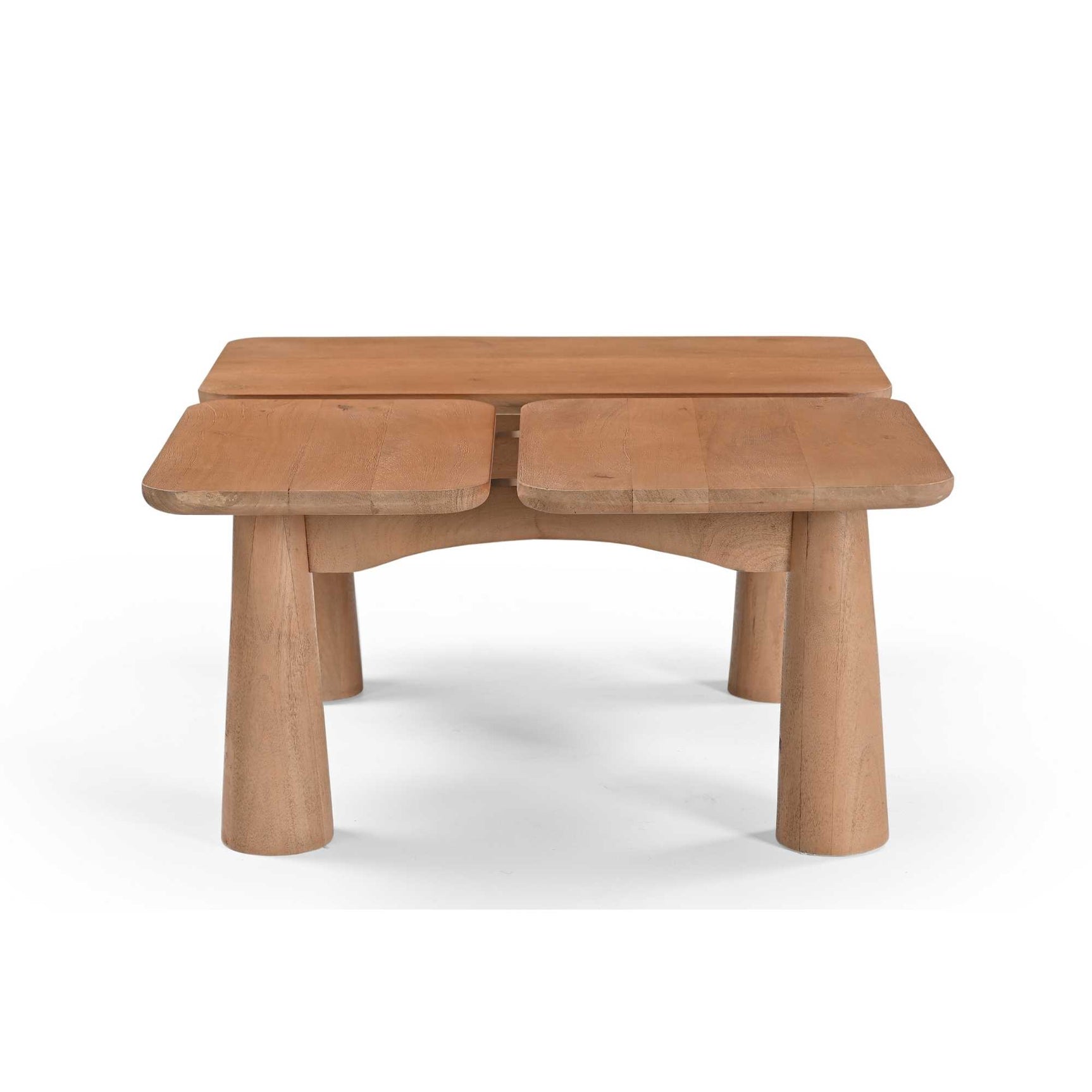 Houten salontafel met klapbare bladdelen en vier ronde poten