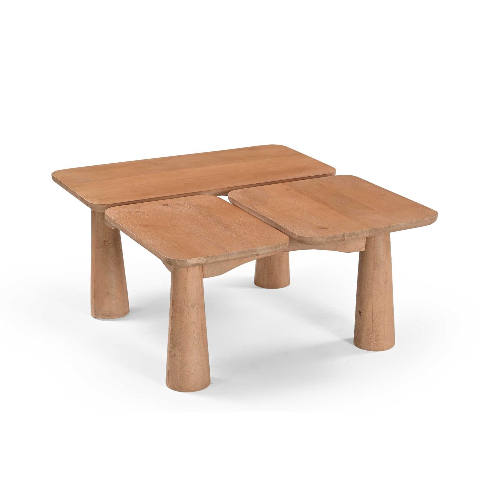 Houten salontafel met twee bladdelen boven elkaar en vier ronde poten