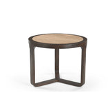 Bijzettafel met rond beige blad op donkerhouten frame en driehoekige voet