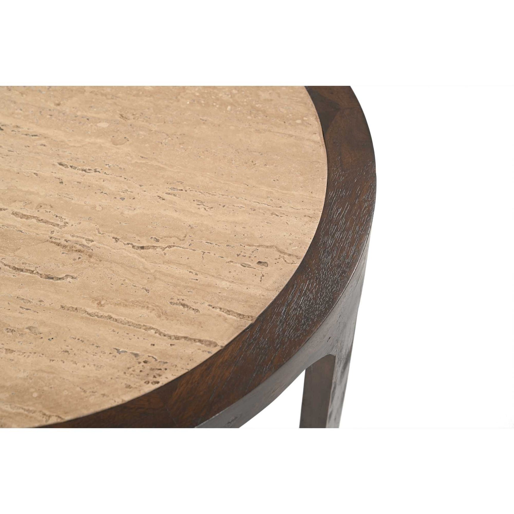 Bijzettafelblad met beige nerf en donker houten rand, close-up