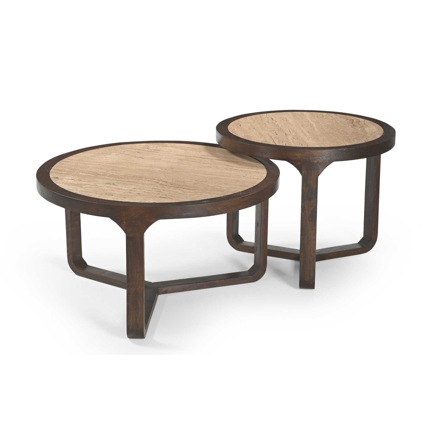 Set van twee bijzettafels met rond beige bladen en donkerhouten poten