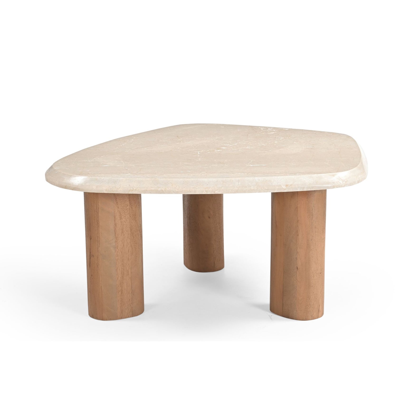 Ronde salontafel met glad, lichtbeige blad en twee houten poten