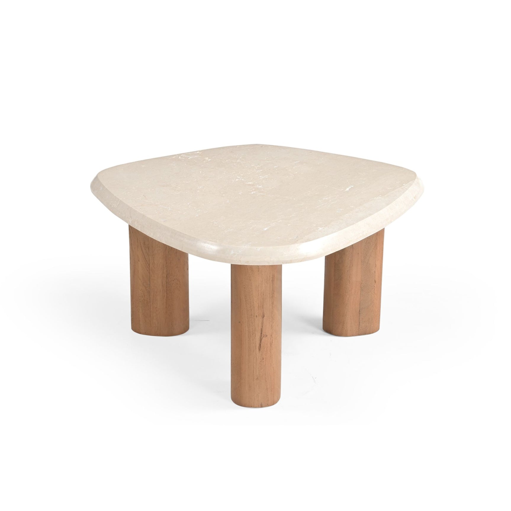 Ronde salontafel met lichtbeige blad en drie houten poten