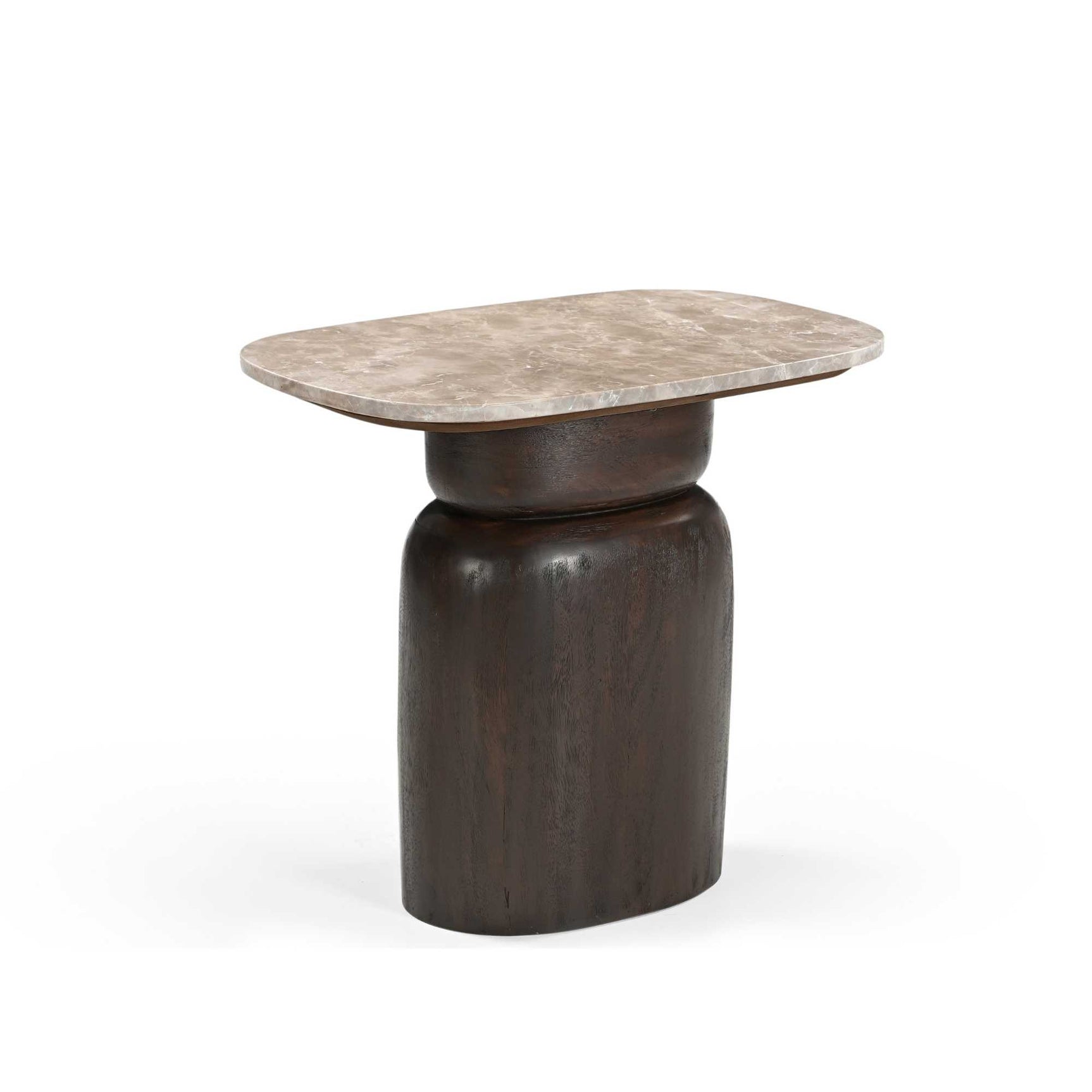 Silva bijzettafel met rond marmeren blad en ronde donkerhouten zuilvoet