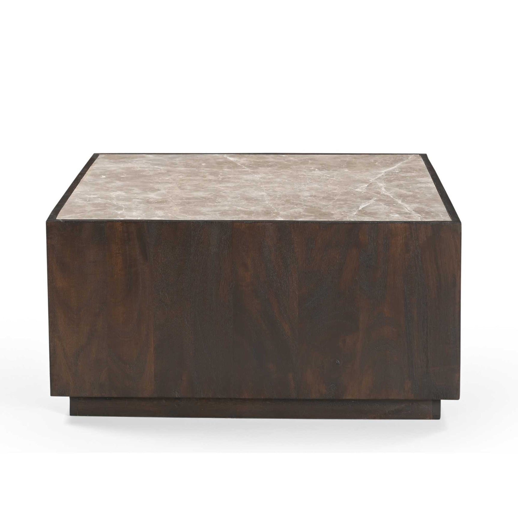 Salontafel met donkere houten voet en licht marmeren blad