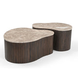 Set van twee ronde salontafels met marmeren bladen en donkerhouten latten