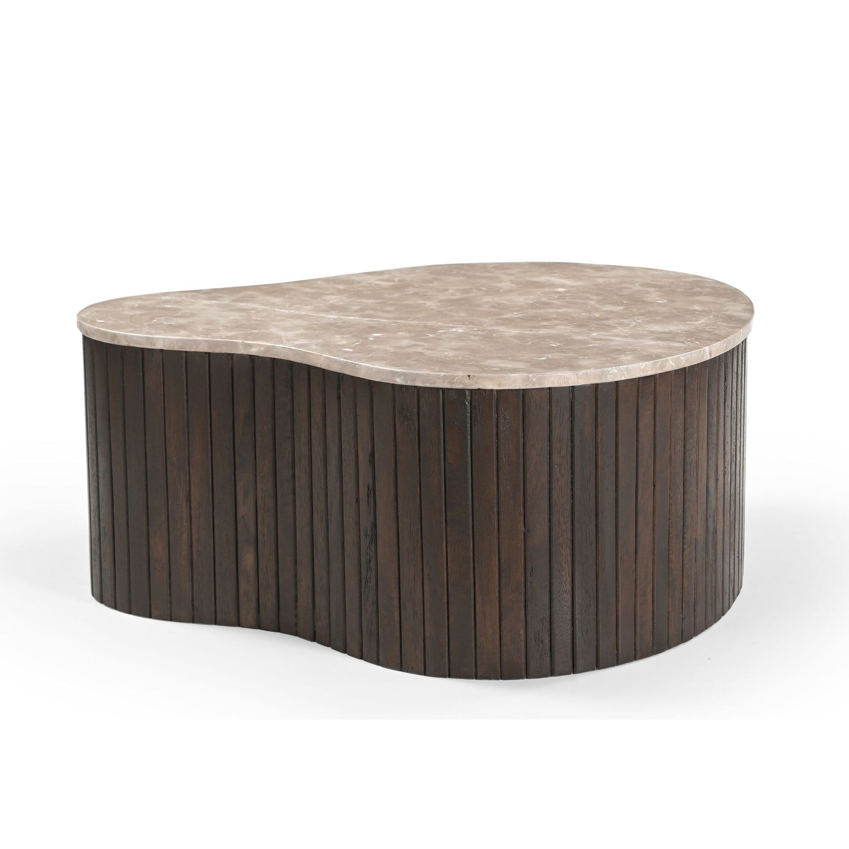 Ronde salontafel met beige marmeren blad en donkerhouten latten ombouw