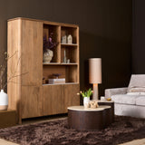Ronde salontafel met marmeren blad en hoge donkerhouten latten zijkant