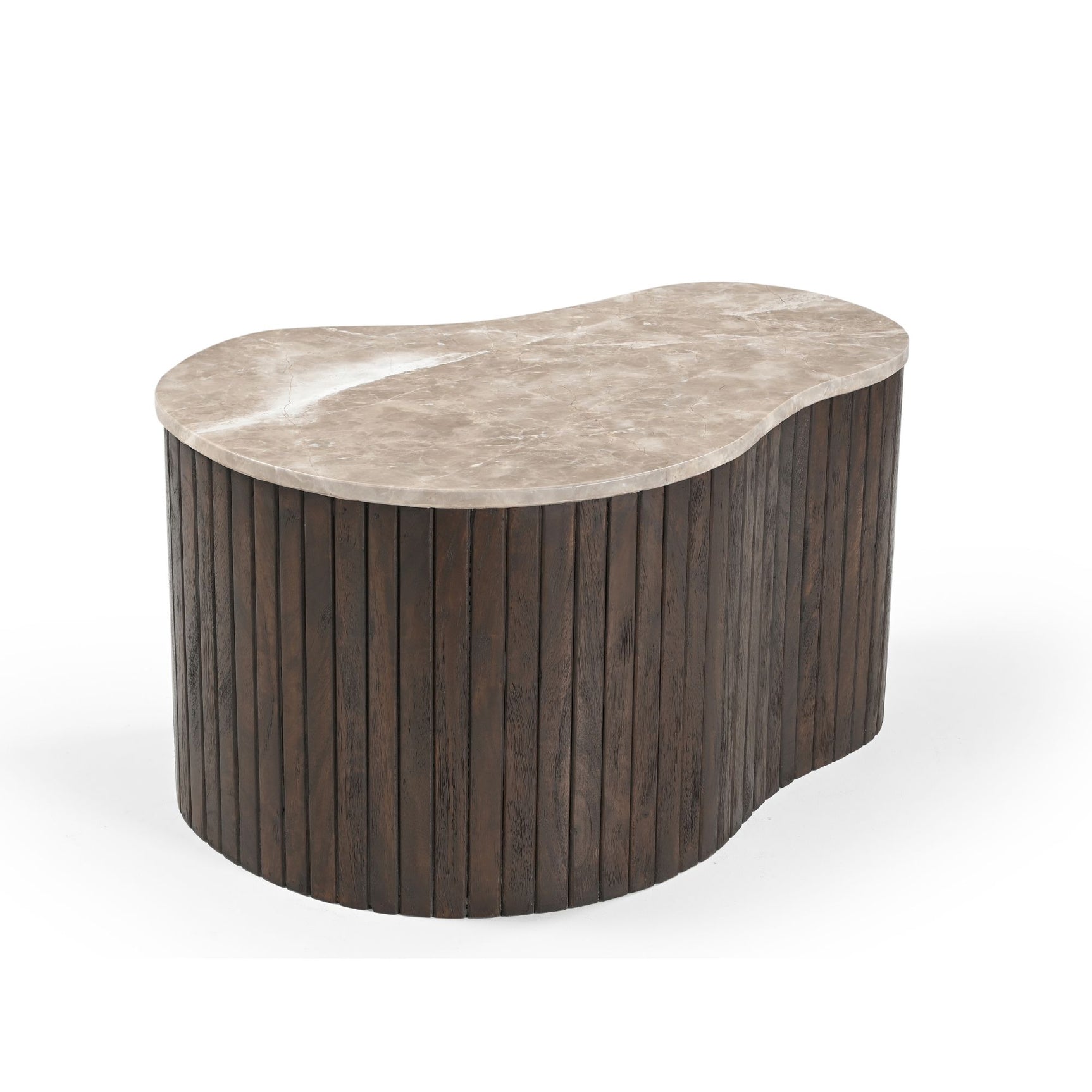 Salontafel met lichtbeige marmeren blad en lange donkere houten latten, afgeronde hoek