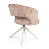 Eetkamerstoel met armleuningen, beige gestoffeerd, gebogen rug en kruispoten