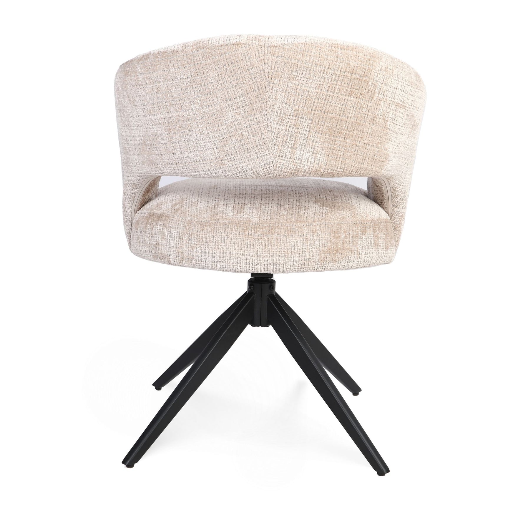 Beige eetkamerstoel met hoge rug en armleuningen, zwarte sterpoot
