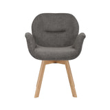 Antraciet gestoffeerde eetkamerstoel, brede armleuningen en houten poten