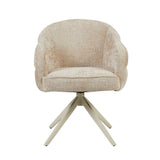 Eetkamerstoel met armleuningen, beige stoffen bekleding en 3-poot frame in zandkleur