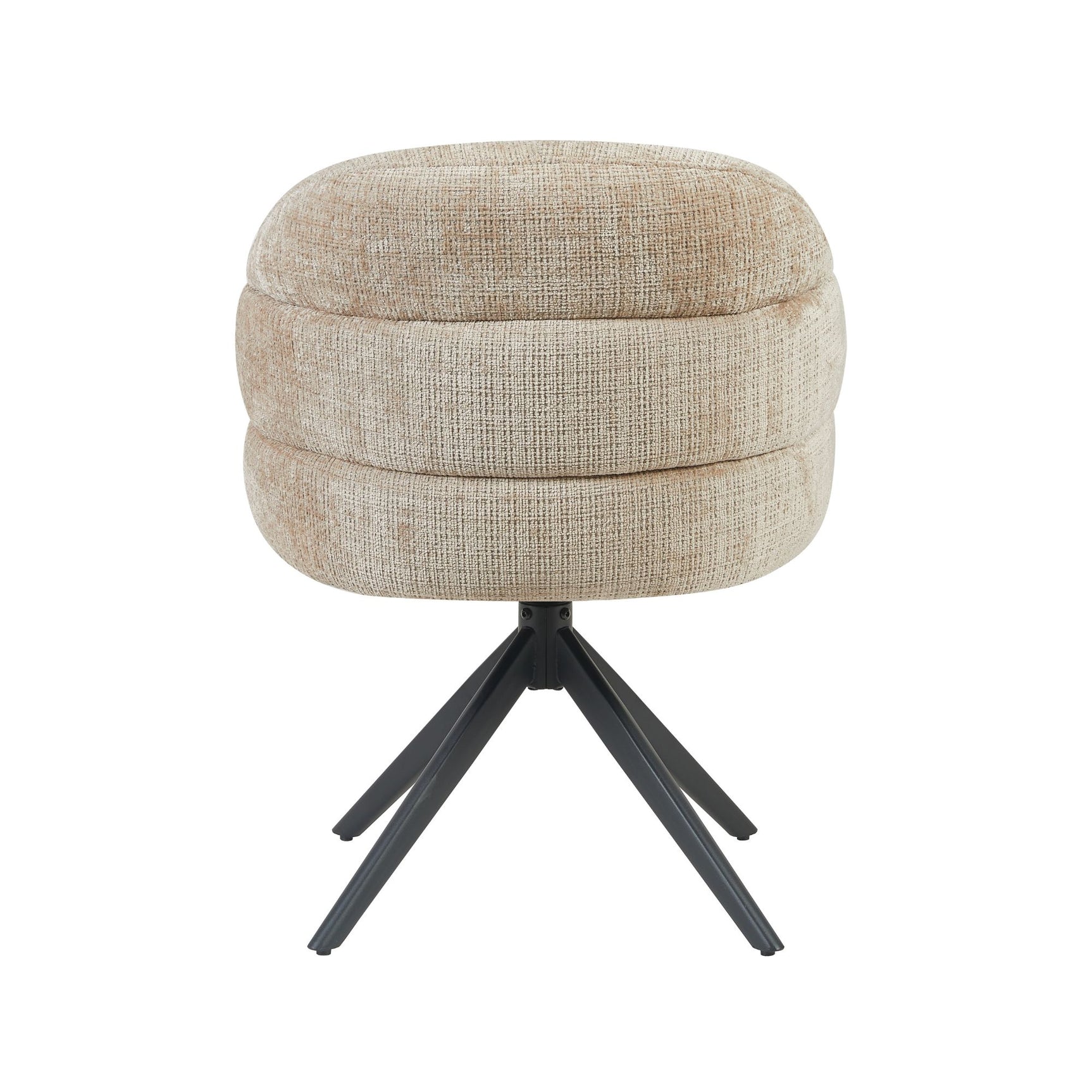 Eetkamerstoel met armleuningen, beige bekleding en zwarte draaipoten, ronde zitting