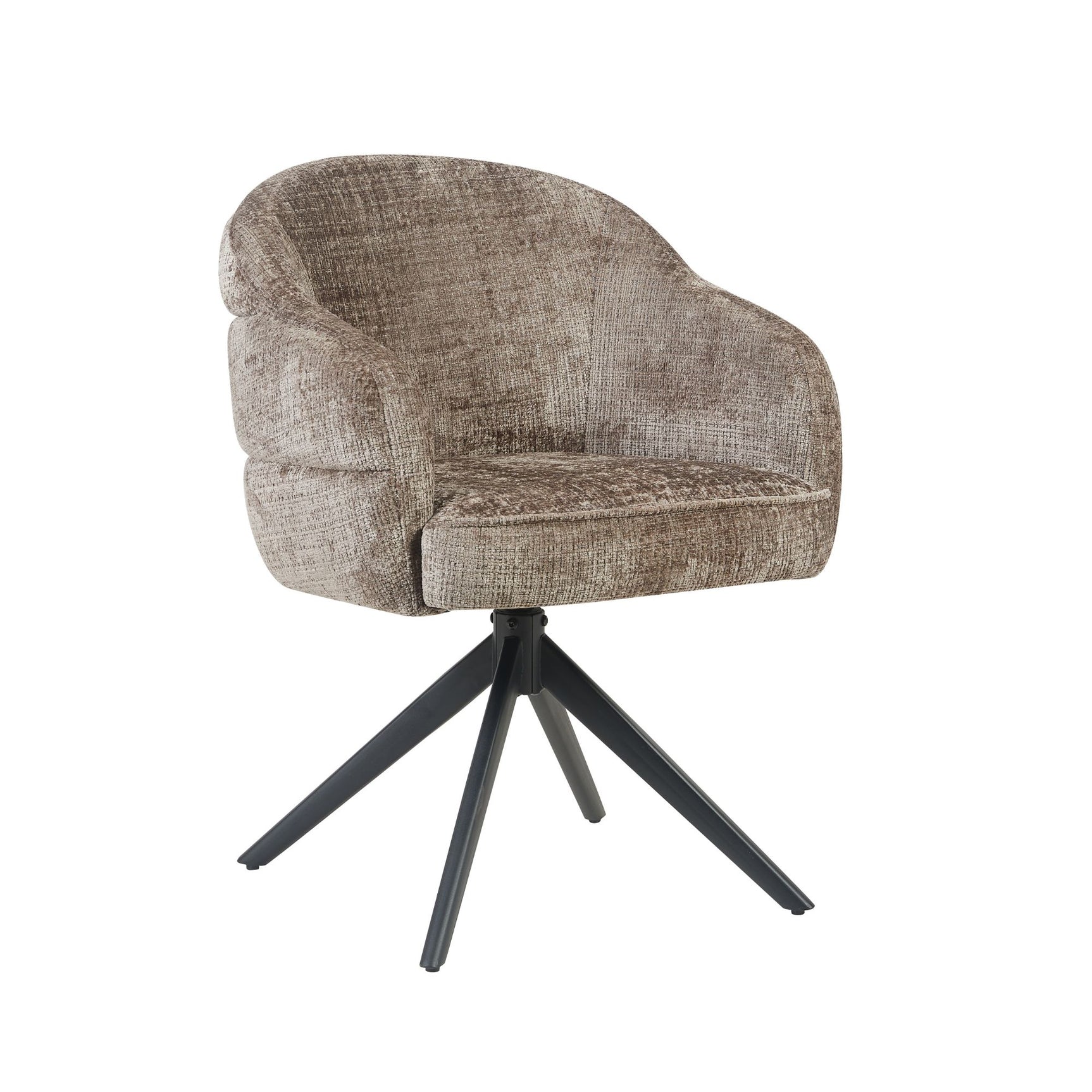 Eetkamerstoel met armleuningen, beige stoffering en zwarte draaipoot