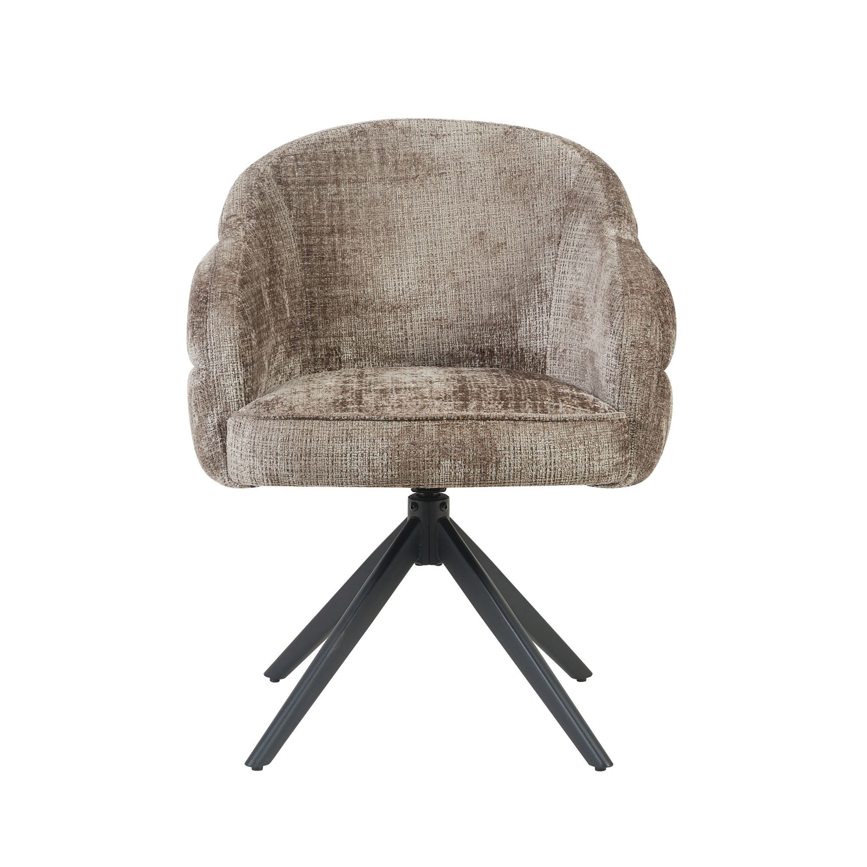 Eetkamerstoel met armleuningen, beige stoffering en zwarte draaipoot, voorkant