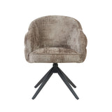Eetkamerstoel met armleuningen, beige stoffering en zwarte draaipoot, zijzicht