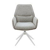Beige eetkamerstoel met armleuningen, ronde draaivoet en witte driepoot