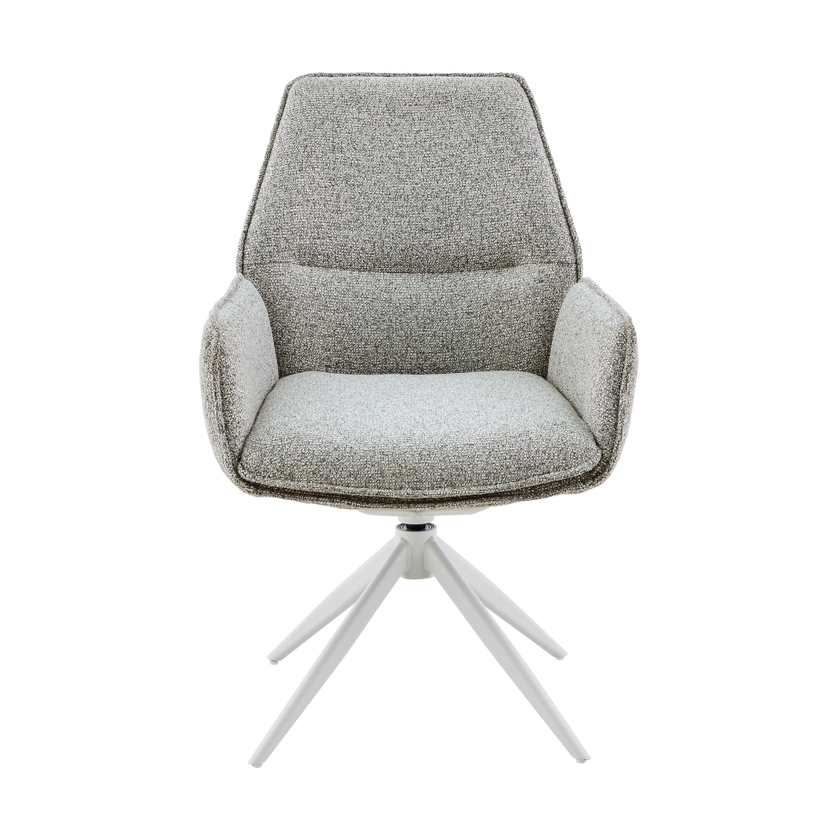 Beige eetkamerstoel met armleuningen, ronde draaivoet en witte driepoot