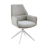 Beige eetkamerstoel met armleuningen en ronde draaipoot, grijze stoflook