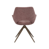 Eetkamerstoel met mauve stoffering, lage rug met afgeronde vorm en sterpoot.