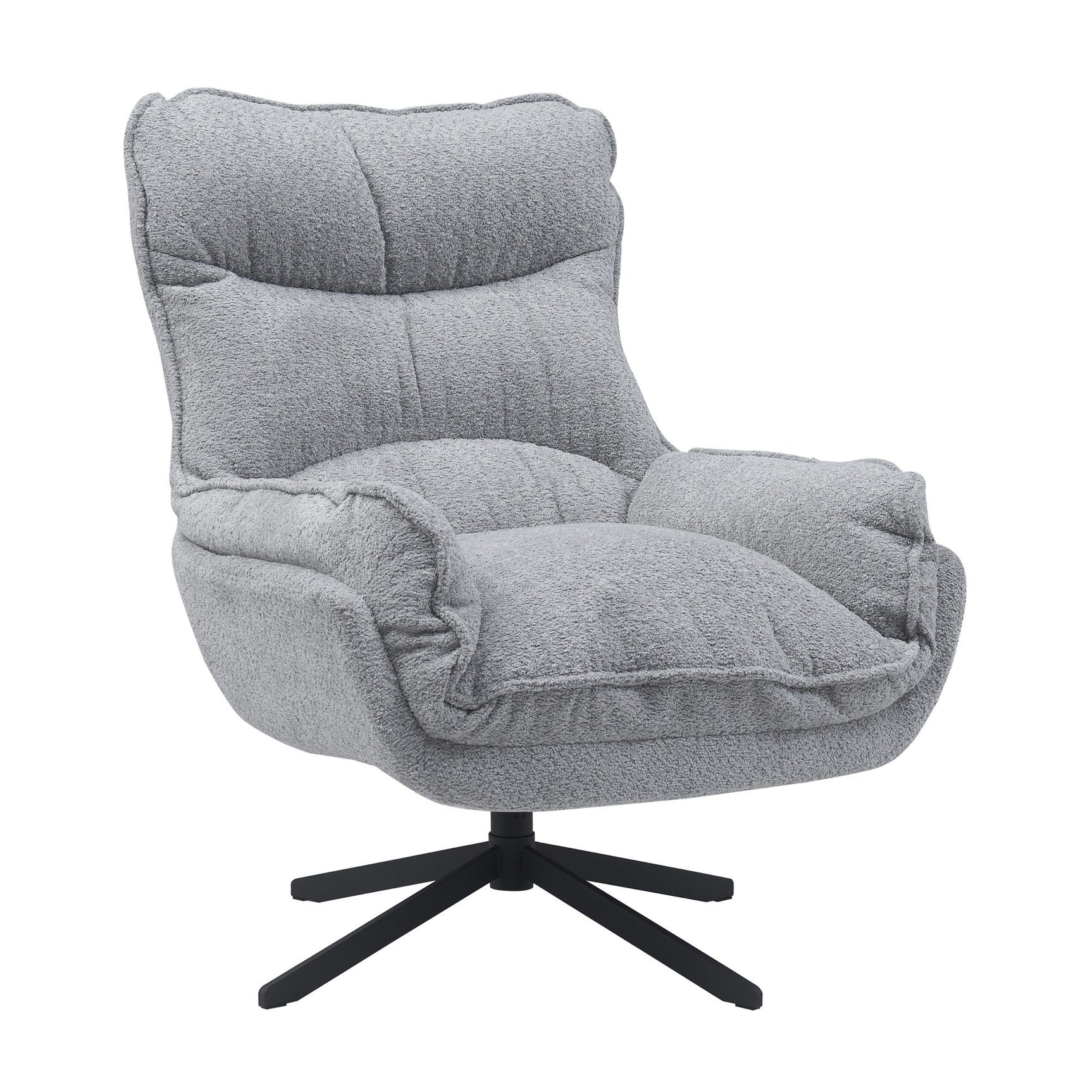 Lichtgrijze fauteuil met gewatteerde rug, open armleuning en zwarte draaivoet met vijf poten.