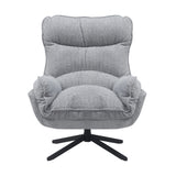 Lichtgrijze fauteuil met hoge rug en extra brede zitting, zwarte draaivoet met vijf poten.