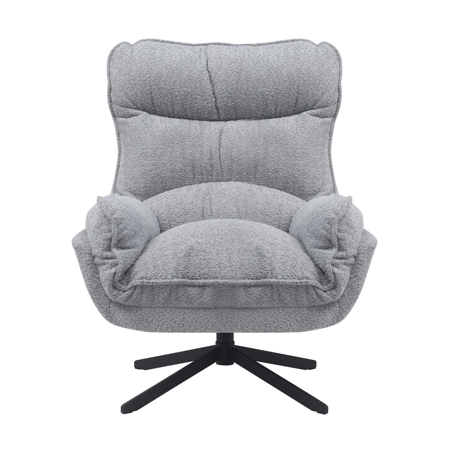 Lichtgrijze fauteuil met hoge rug en extra brede zitting, zwarte draaivoet met vijf poten.