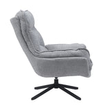 Lichtgrijze fauteuil in zijaanzicht met armleuning en zwarte draaivoet met vijf poten.