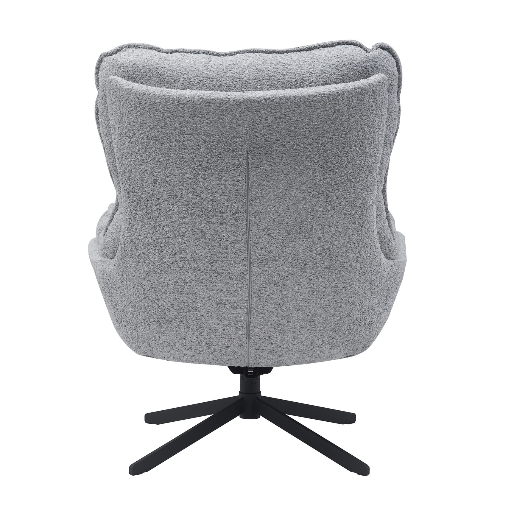 Lichtgrijze fauteuilrugzijde met middelnaad en zwarte draaivoet met vijf poten.