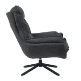 Donkergrijze fauteuil met diepe zitting, opgestikte arm en gedraaide vijfpoot