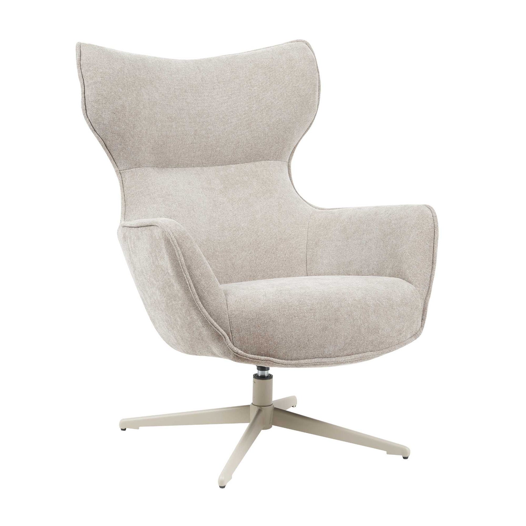 Leunstoel taupe met open kuipvorm, hoge rugleuning en brede zitting, stervoet
