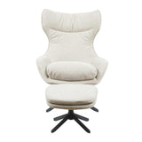 Beige Olivia-fauteuil met hoge rug en poef op zwarte draaivoet