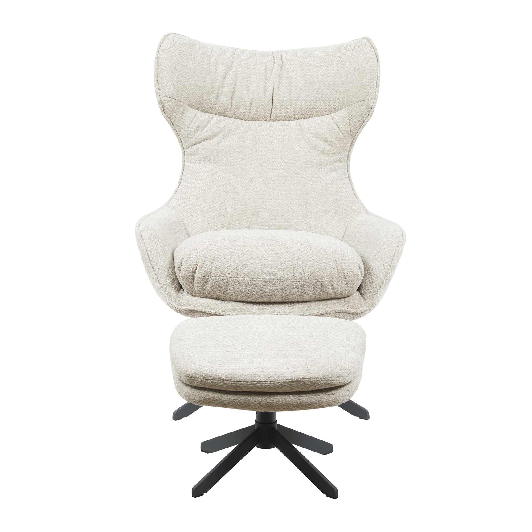 Beige Olivia-fauteuil met hoge rug en poef op zwarte draaivoet