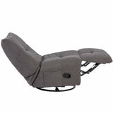 Relaxfauteuil Lazy in donkergrijze stof, halfopen ligstand met zijarmleuning en voetensteun.