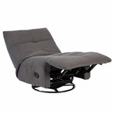 Relaxfauteuil Lazy in donkergrijze stof, ligstand met voetensteun en ronde zwarte basis.
