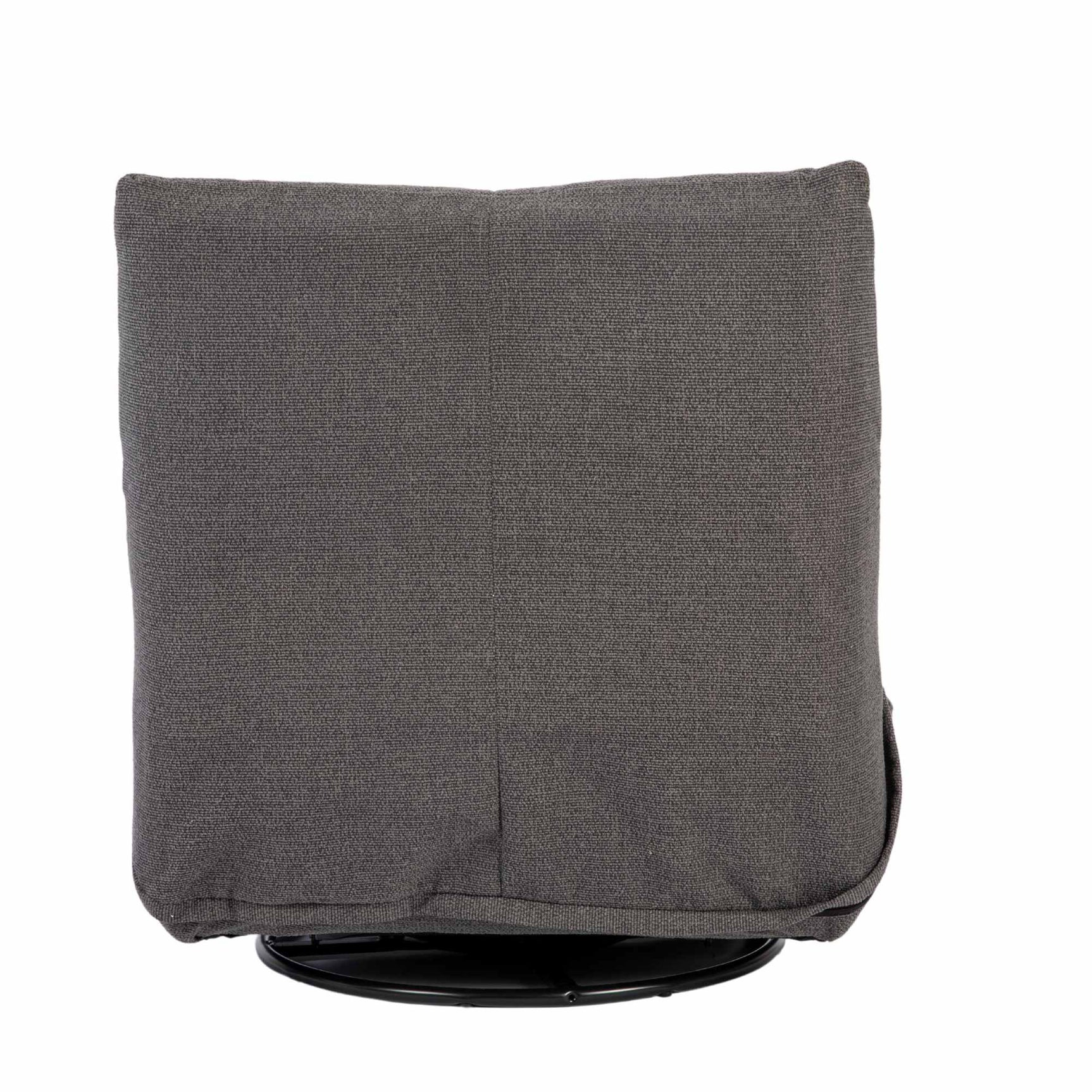 Relaxfauteuil Lazy in donkergrijze stof, achteraanzicht met hoge rug en ronde voet.