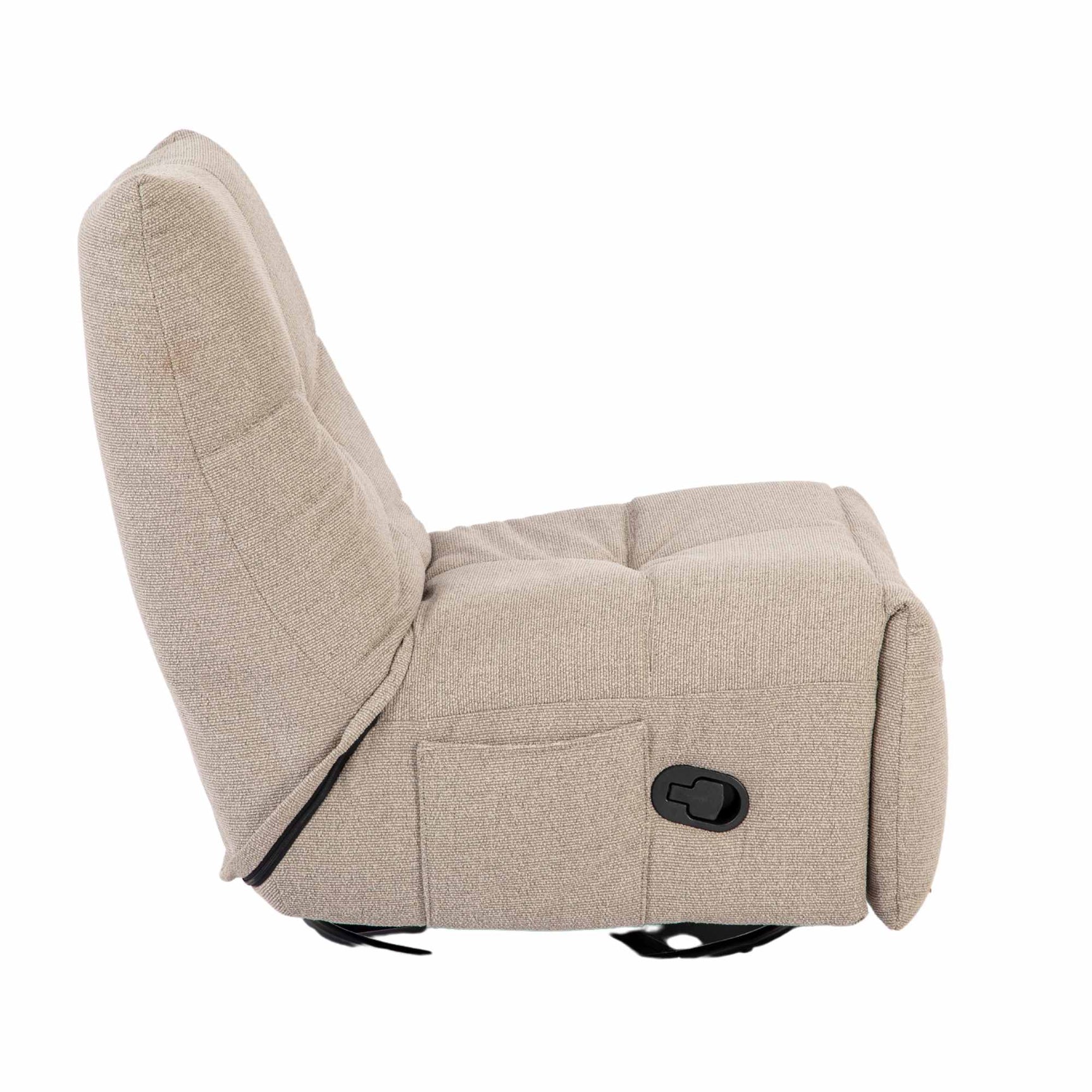Beige relaxfauteuil met opklapbare voetensteun en zwarte onderkant