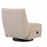 Beige relaxfauteuil in zijaanzicht met zwarte draaibasis en stiksels