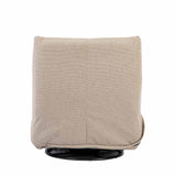Beige relaxfauteuil rugzijde met gesloten achterkant en zwarte draaivoet