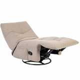 Relaxfauteuil met verstelbare voetensteun, beige stof, zwarte basis en knop.