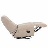Relaxfauteuil in ligstand, beige bekleding, zwarte onderstel en bedieningsknop.