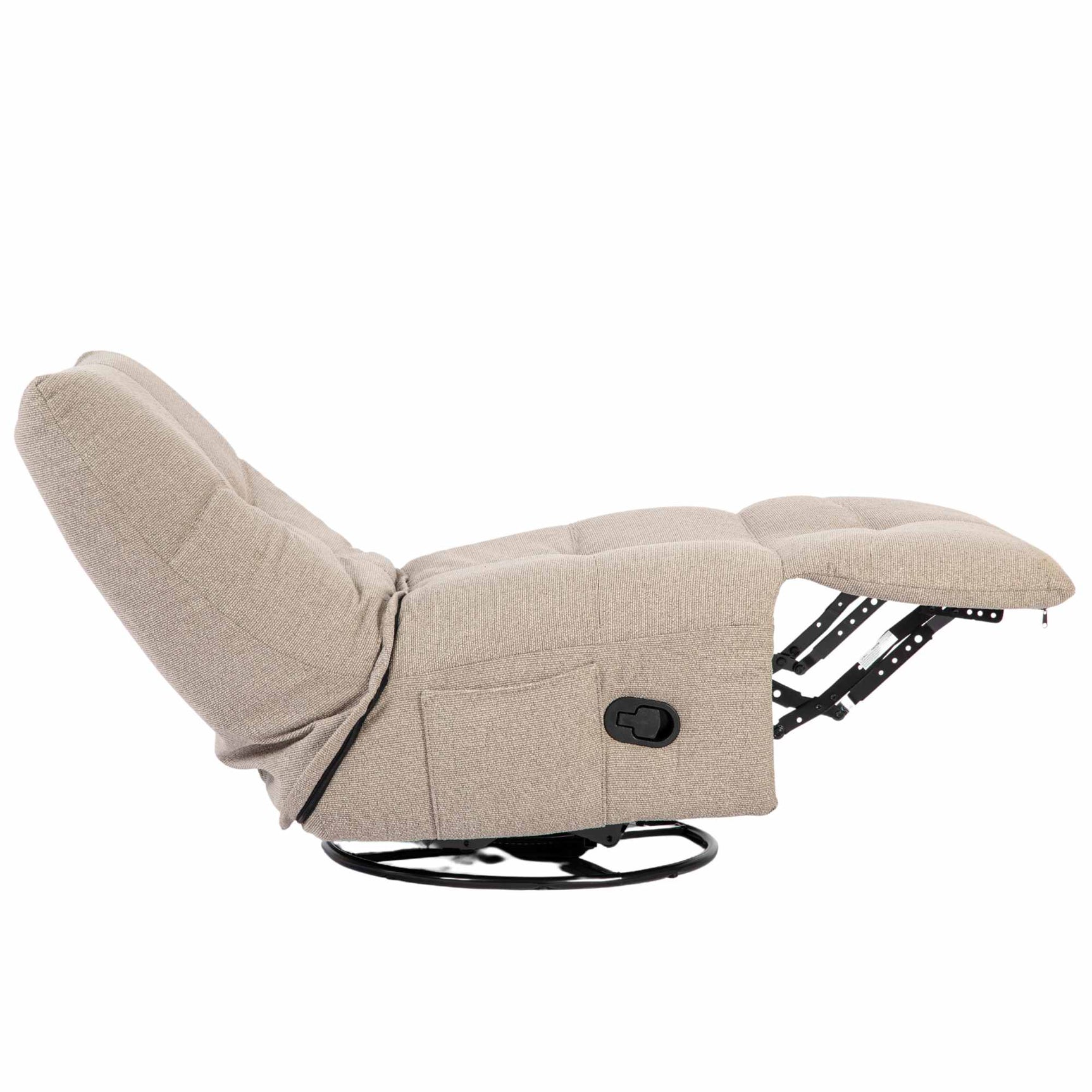Relaxfauteuil in ligstand, beige bekleding, zwarte onderstel en bedieningsknop.