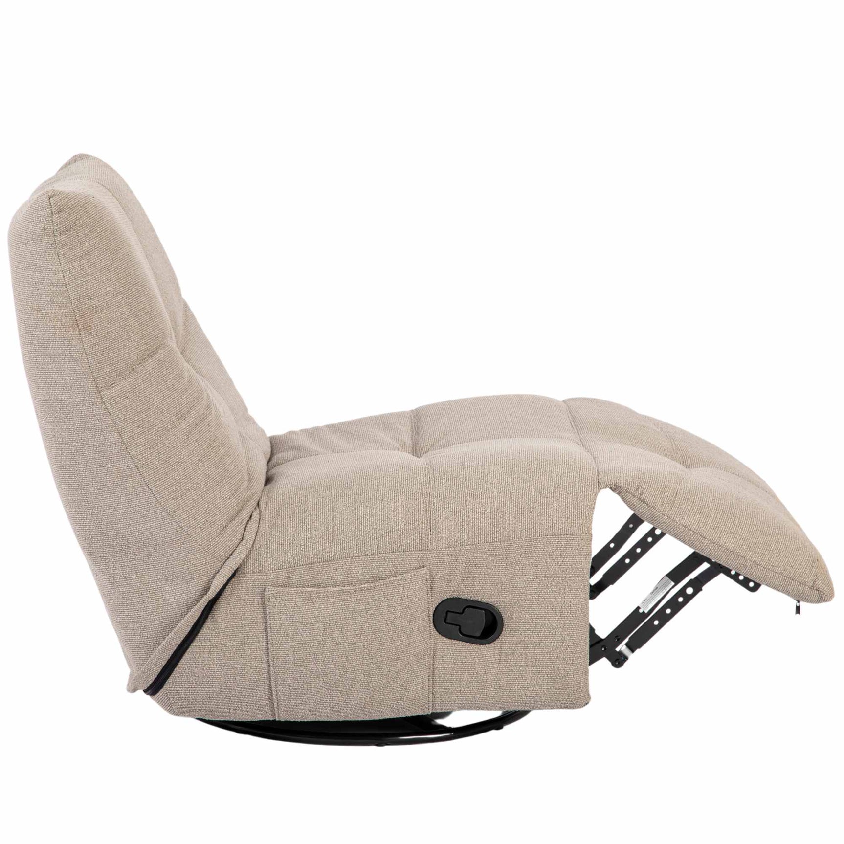 Relaxfauteuil met opklapbare voetensteun, beige stof, ronde zwarte basis en knop.