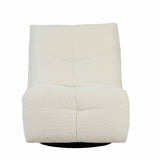 Relaxfauteuil, crèmewitte bekleding, gewatteerde rug en zitting, ronde zwarte basis.