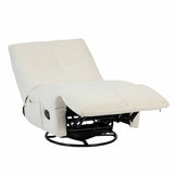 Relaxfauteuil in ligstand, crèmewitte stof, zwarte onderconstructie en ronde basis.